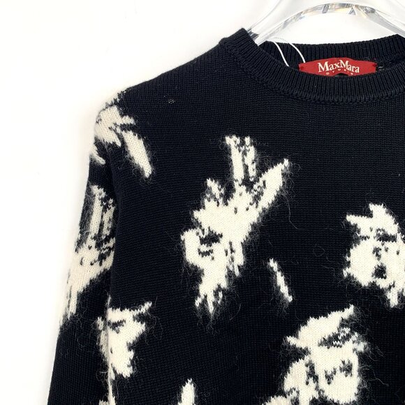 Max Mara Studio Black & White Leaf Pattern Sweater Size 50 Alpaca Wool Blend - Picture 3 of 6